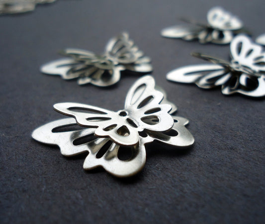 Stainless Steel 3D Butterfly Pendants / Links - Silver Color - Set of 5