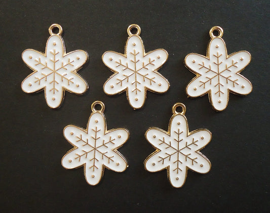 Gold & White Enameled Snowflake Pendants / Charms, Set of 10, 3/4" Wide, Winter, Christmas
