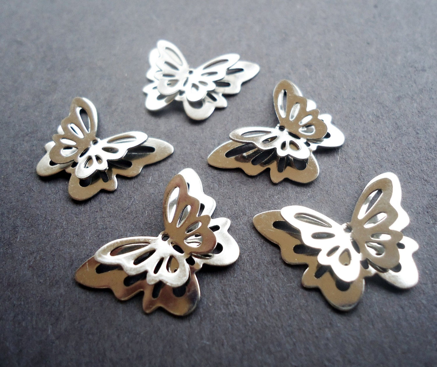 Stainless Steel 3D Butterfly Pendants / Links - Silver Color - Set of 5