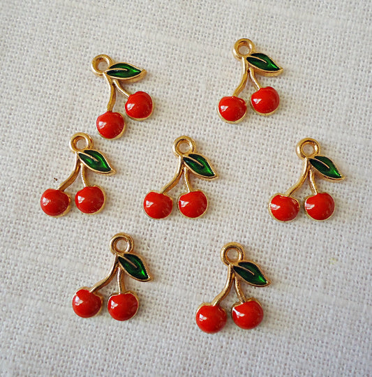 Small Red Cherry Charms, Red Enameled and Light Gold, 1/2" Tall, Set of 10