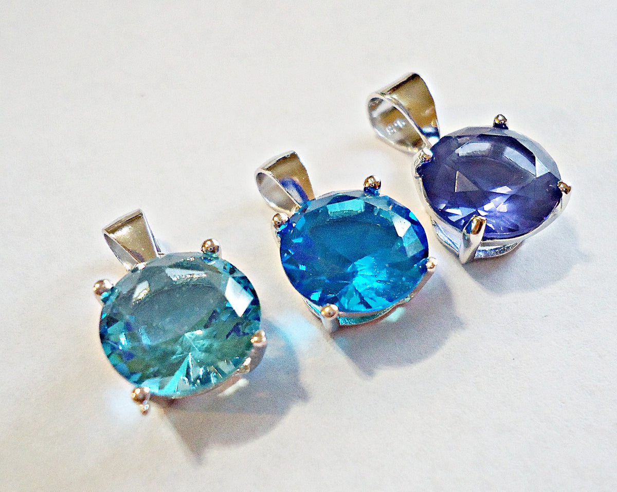 Sterling Silver 10mm Pendants - Blue Topaz, Aquamarine, Tanzanite - Cubic Zirconia