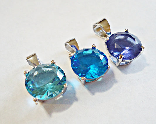 Sterling Silver 10mm Pendants - Blue Topaz, Aquamarine, Tanzanite - Cubic Zirconia