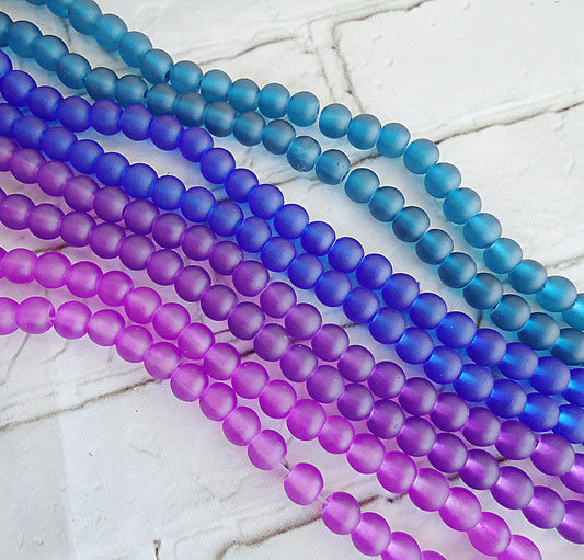Frosted Round Glass Beads, 6mm, Synthetic Sea Glass, Beach Glass, 15.5" Strand, 70 beads, Purple Royal Blue Sea Green Teal