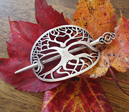 Hair Slide - Celtic Tree of Life - Antique Silver Metal Alloy - Ponytail holder