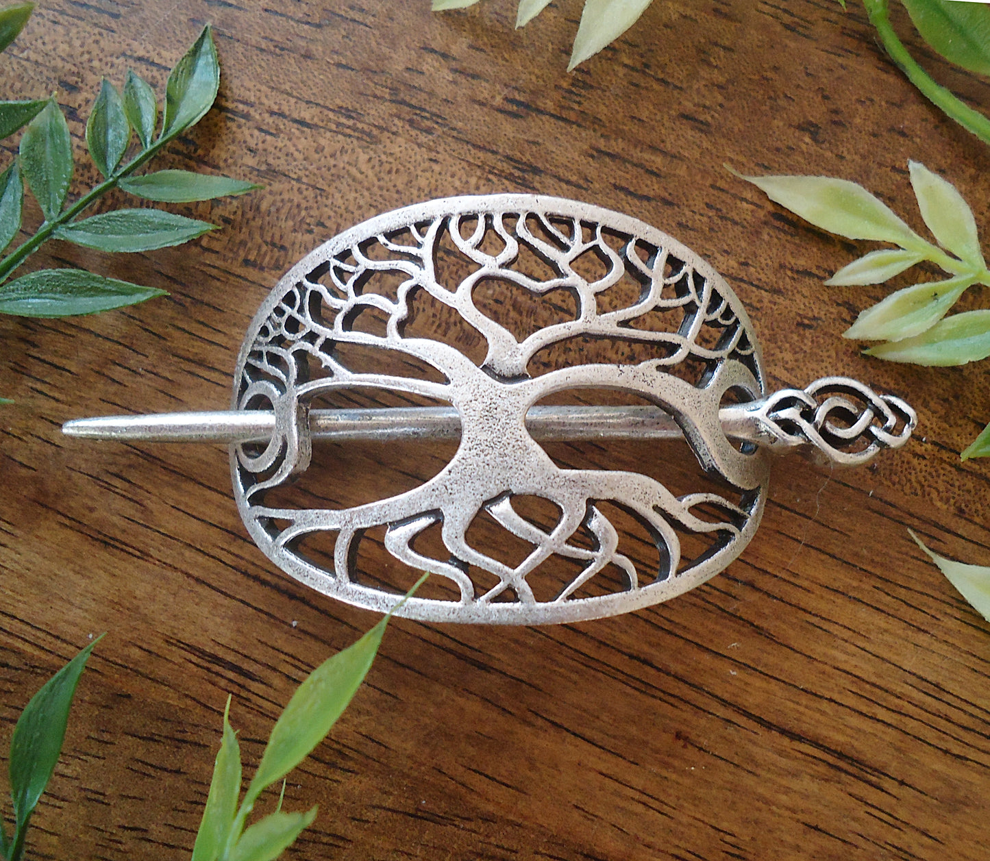 Hair Slide - Celtic Tree of Life - Antique Silver Metal Alloy - Ponytail holder