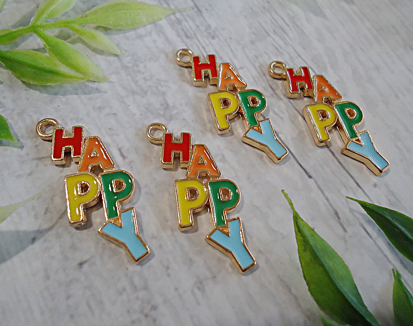 H-A-P-P-Y Charms, Rainbow and Gold, Colorful Happy Charms , 1 1/8" Tall