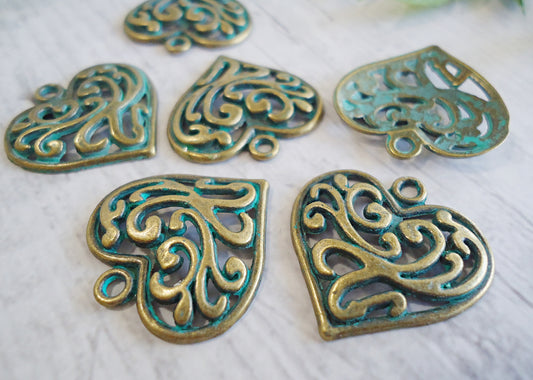 Bronze Heart Charms with Green Patina, 7/8" Tall, Set of 10