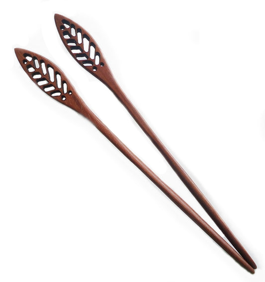 Seven Inch Sturdy Wooden Hair Sticks, Carved, Leaves, Swirls, Antlers, Tendrils, Graduated Circles, Hearts, Open Waves