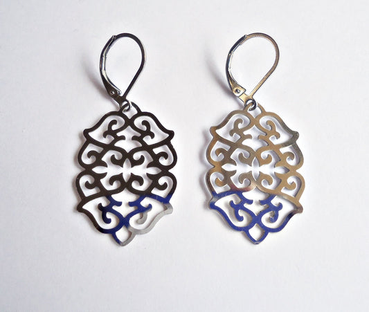 Silver Stainless Steel Ornate Earrings, Lightweight Leverbacks, Non-Tarnishing, Hypoallergenic, 1" Dangle