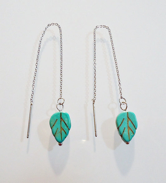 Stainless Steel Threader Earrings - Stone Turquoise Leaves