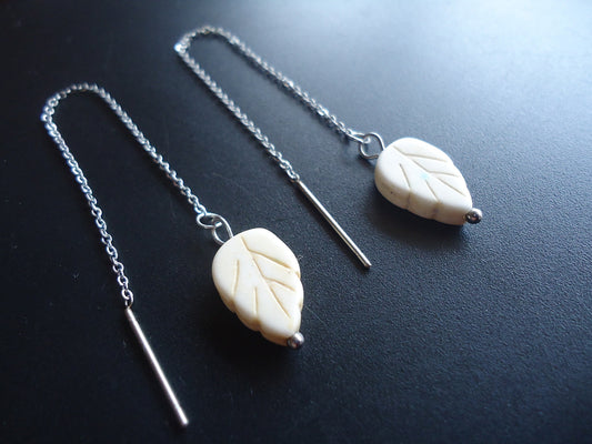 Stainless Steel Threader Earrings - White Stone Leaves