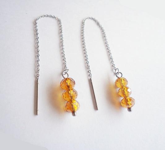 Stainless Steel Threader Earrings - Golden Glass Crystals