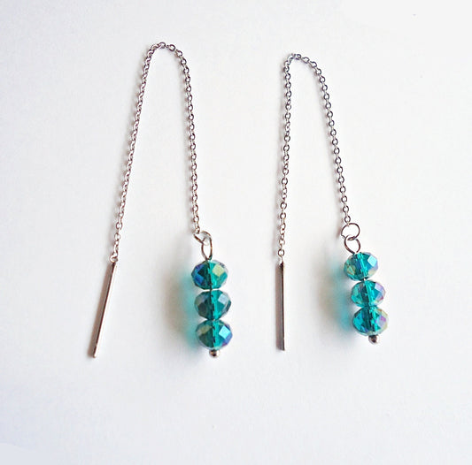 Stainless Steel Threader Earrings - Sea Green Aqua Glass Crystals