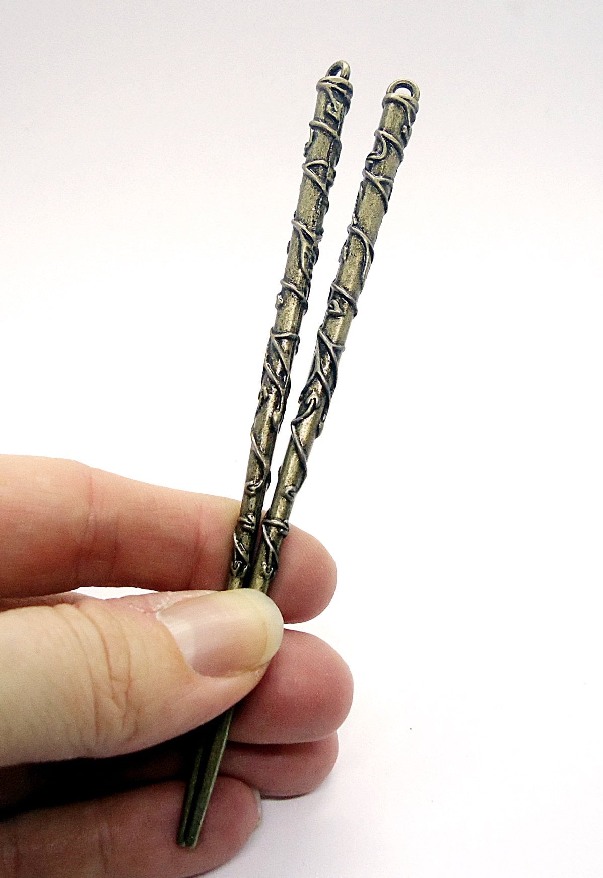Metal Hair Sticks with Vines, 5 Inches Long, Bright Silver, Antique Silver, or Antique Bronze with Loop