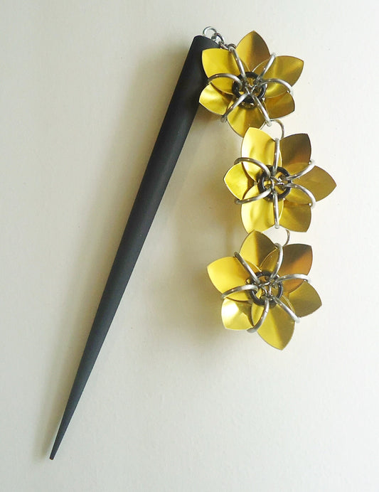 Black Hair Stick - Three Flowers - Bright Yellow - Sunflower