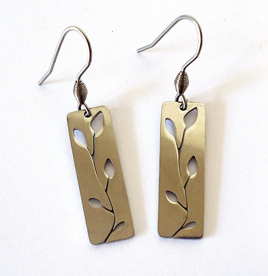 Carved Branch and Leaf Earrings, Stainless Steel, One Inch Drop, Non-Tarnishing, Hypoallergenic