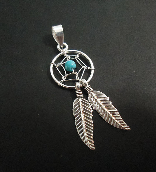 Sterling Silver Dreamcatcher Pendants with Feathers, Black or Turquoise, Soldered Bails, 1 3/16" Tall, Wire wrapped stones