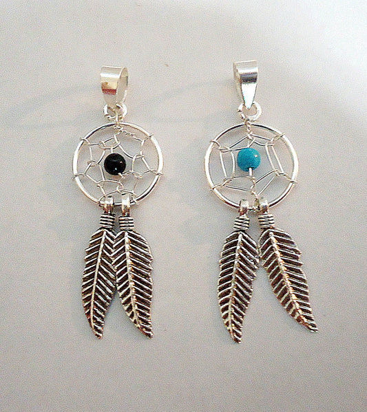 Sterling Silver Dreamcatcher Pendants with Feathers, Black or Turquoise, Soldered Bails, 1 3/16" Tall, Wire wrapped stones