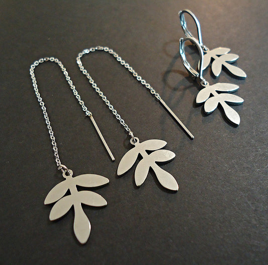 Stainless Steel Fern Leaf Earrings, Leverbacks or Threaders