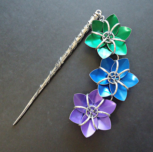 Metal Hair Stick - Three Flowers - Peacock! Green, Blue, and Purple - Antique Silver Hair Stick with Wrapping Vines