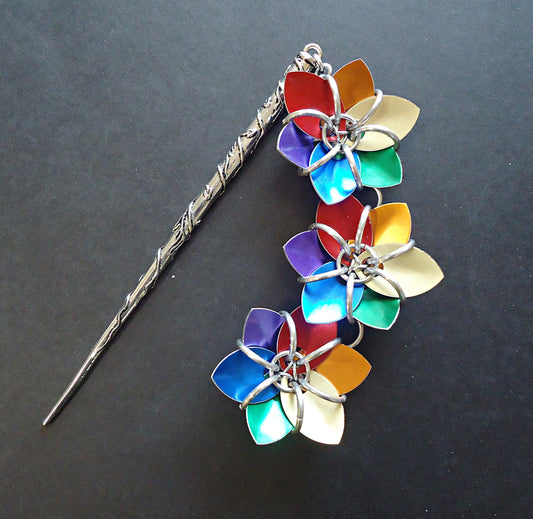 Hair Stick - Three Rainbow Flowers -
