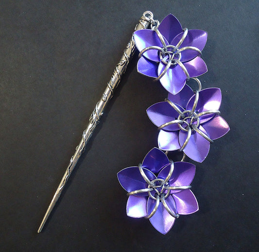 Hair Stick - Three Metallic Flowers - Violet Purple - Antique Silver 5" Hair Sick with Wrapping Vines and Metallic Flower Dangle