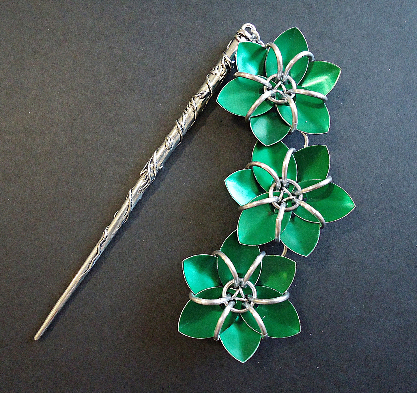 Hair Stick - Three Flowers - Emerald Green and Silver