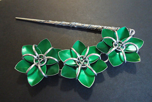 Hair Stick - Three Flowers - Emerald Green and Silver