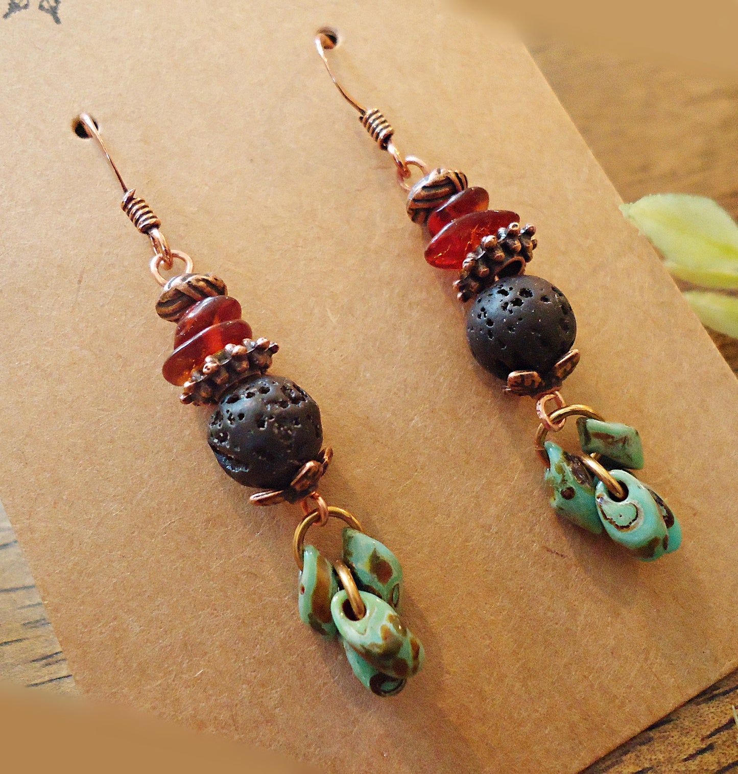 Lava Rock, Amber, Turquoise, and Copper Earrings, 1.5" Dangle Earrings