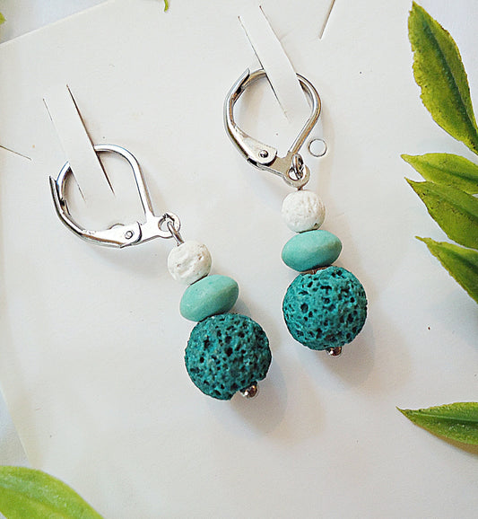 Turquoise Lava Rock Earrings - Short 5/8" Dangle Earrings, Graduated Turquoise Colors - Stainless Steel Leverbacks