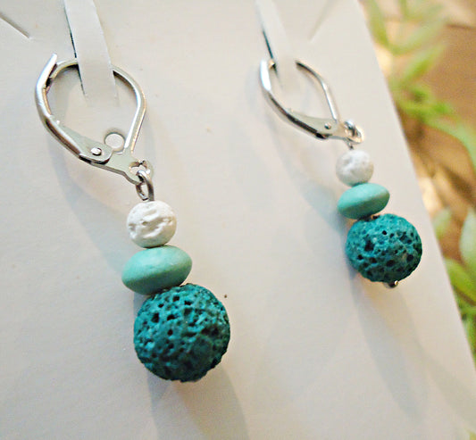 Turquoise Lava Rock Earrings - Short 5/8" Dangle Earrings, Graduated Turquoise Colors - Stainless Steel Leverbacks