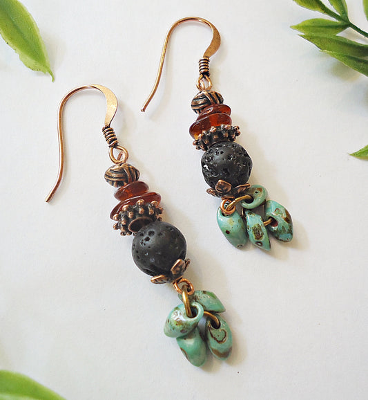 Lava Rock, Amber, Turquoise, and Copper Earrings, 1.5" Dangle Earrings