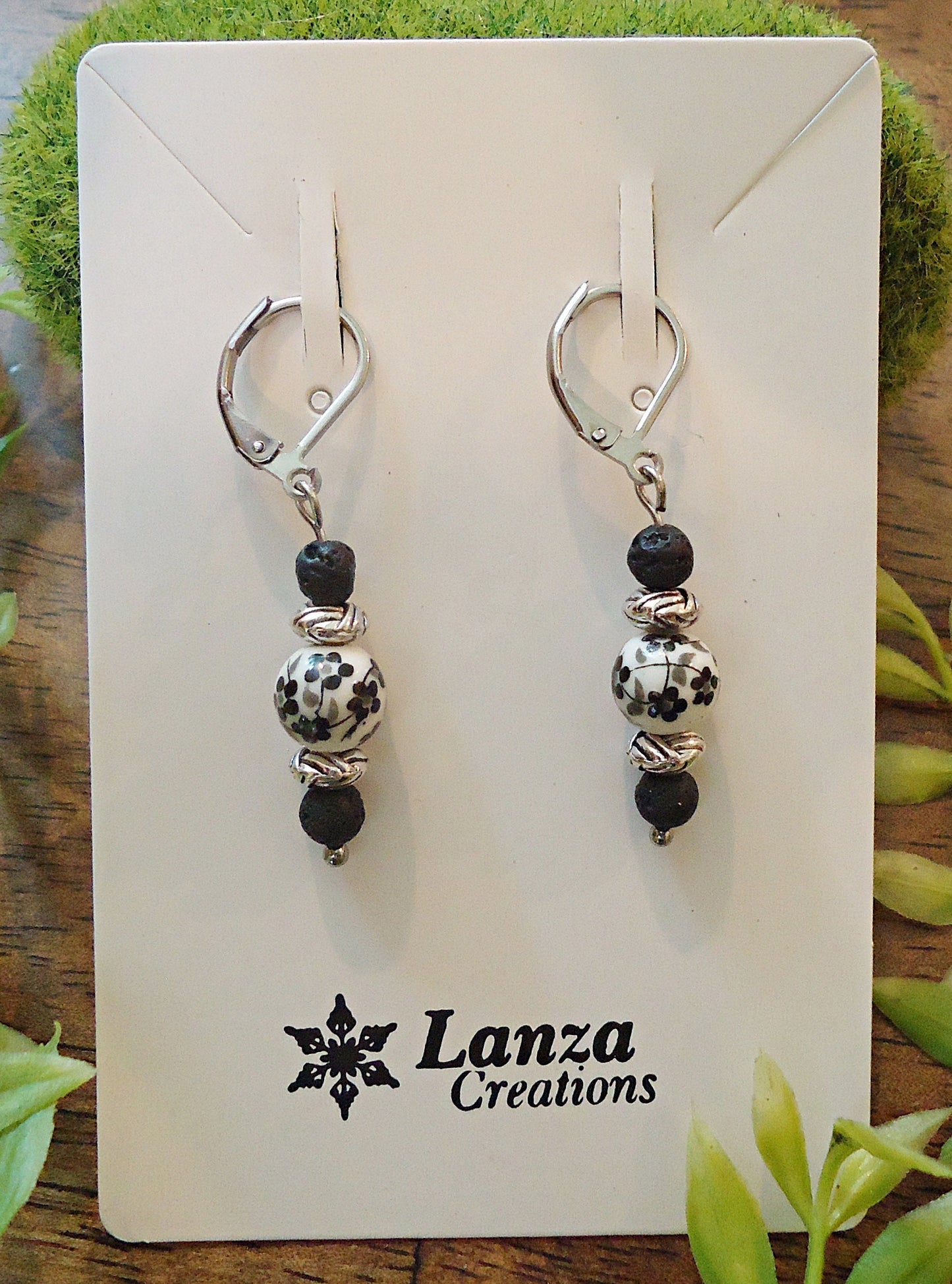 Classic Black & White Dangle Earrings, Porcelain Flower and Black Lava Rock Stone on Stainless Steel Leverback Earwire