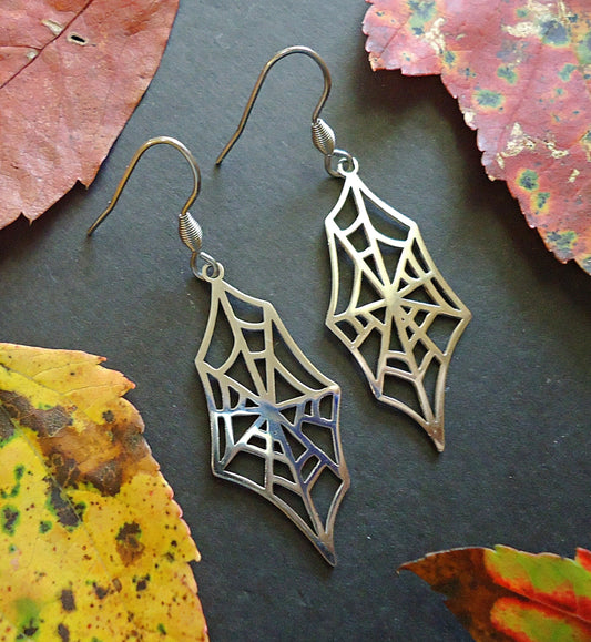 Spider Web Earrings, Stainless Steel, Halloween Earrings, 1.5" Dangle Earrings, Silver color