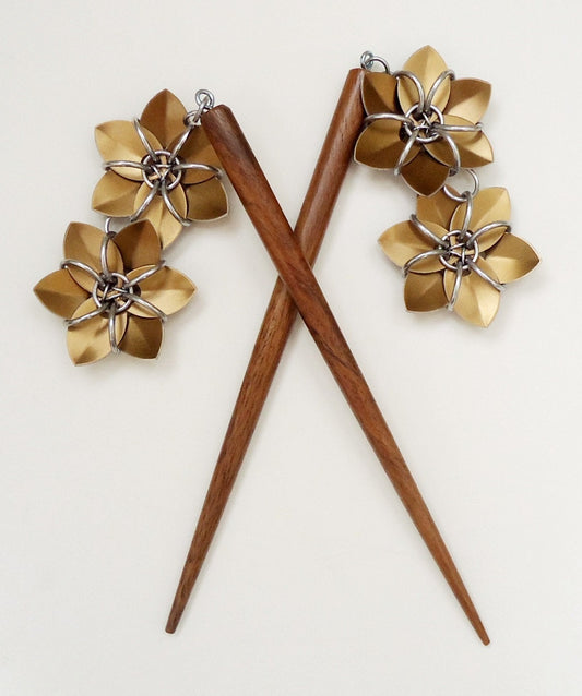 Pair of Six Inch Wooden Hair Sticks with Metallic Bronze Flowers