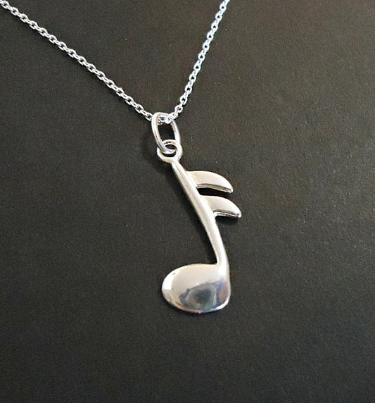 Music Note Necklace - Sterling Silver - Minimalist - Sixteenth Note