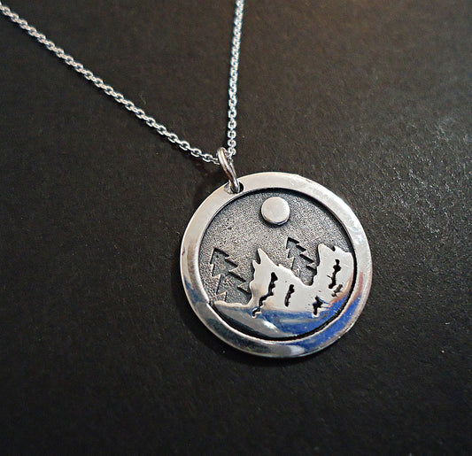 Moonlit Forest Necklace - Sterling Silver - Nature Lover - 18mm Pendant