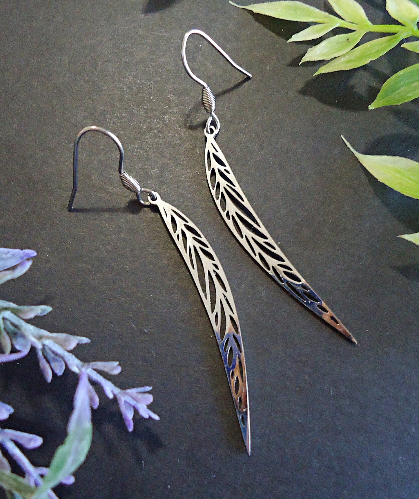 Long Silver Feather Earrings, Stainless Steel, 2" Dangle Earrings, Non-Tarnishing and Hypoallergenic