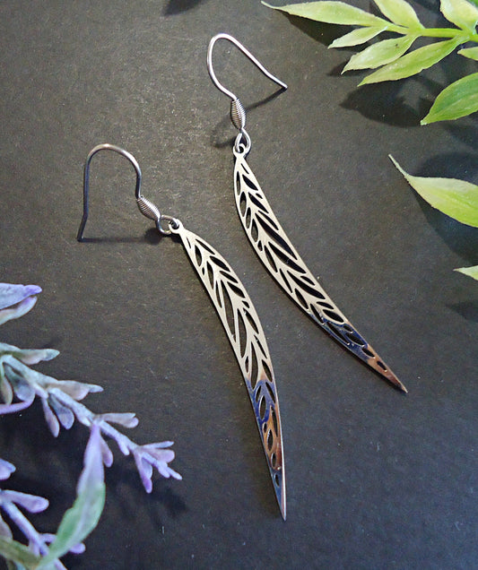 Long Silver Feather Earrings, Stainless Steel, 2" Dangle Earrings, Non-Tarnishing and Hypoallergenic