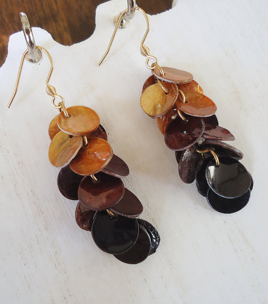 Mother of Pearl Dark Ombre Dangle Earrings, Seashell, Gold, Black, Maroon