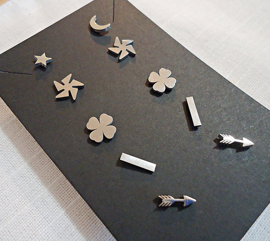 Small Stainless Steel Stud Earrings, Arrows, Bars, Four Leaf Clovers, Pinwheels, Star and Moon