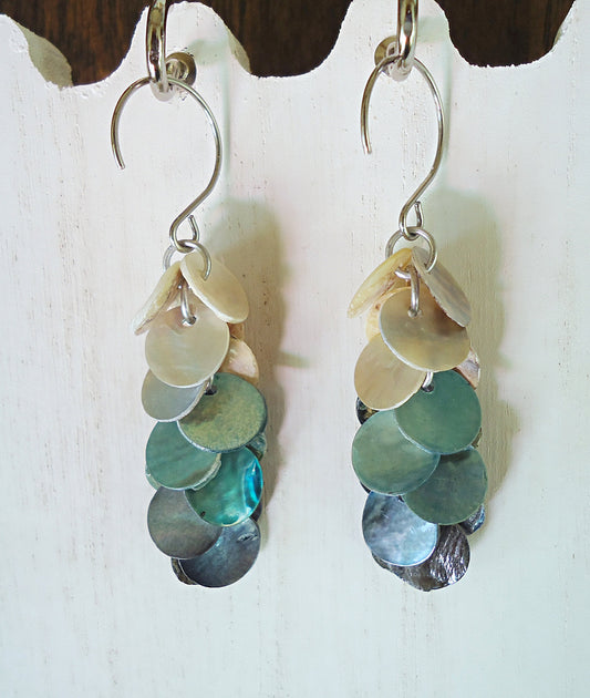 Mother of Pearl Blue Ombre Dangle Earrings, Seashell, Stainless Steel