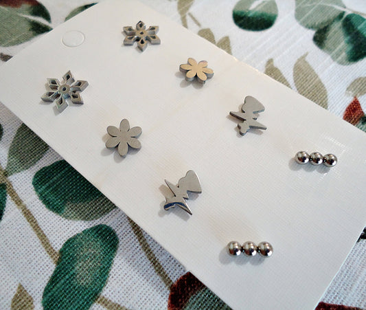 Small Stud Earrings, Stainless Steel, Snowflakes, Flowers, Heartbeat, Triple Round Bar, Silver