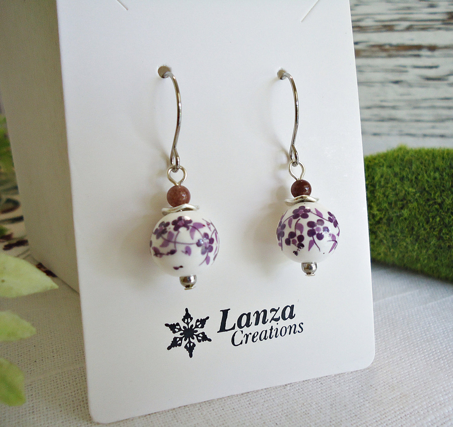 Porcelain Flower Earrings, Blue or Purple, Stainless Steel Earwire