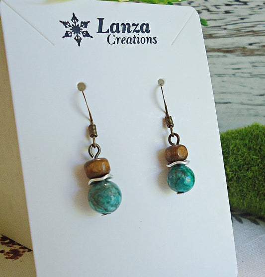 Dark Turquoise and Wood Earrings, Minimalist Earrings, Short Earthy Boho Dangle Earrings