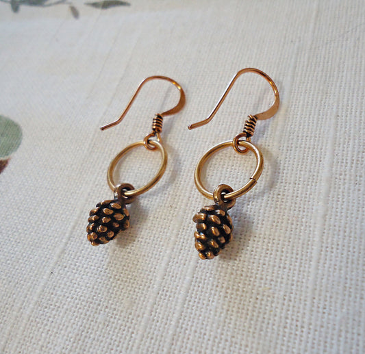 Copper Pinecone Earrings, Simple Dangle Earrings, 1" Dangle, Minimalist, Nature Lover, Autumn Earrings