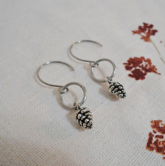 Antique Silver Pinecone Earrings, Simple Dangle Earrings, 1", Stainless Steel Earwire