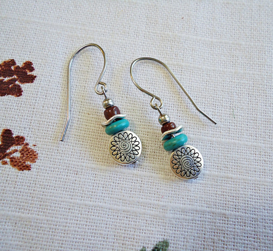 Mini Earrings, Silver, Turquoise, Dark Brown, 3/4" Dangle, Stainless Steel Earwire, Hypoallergenic