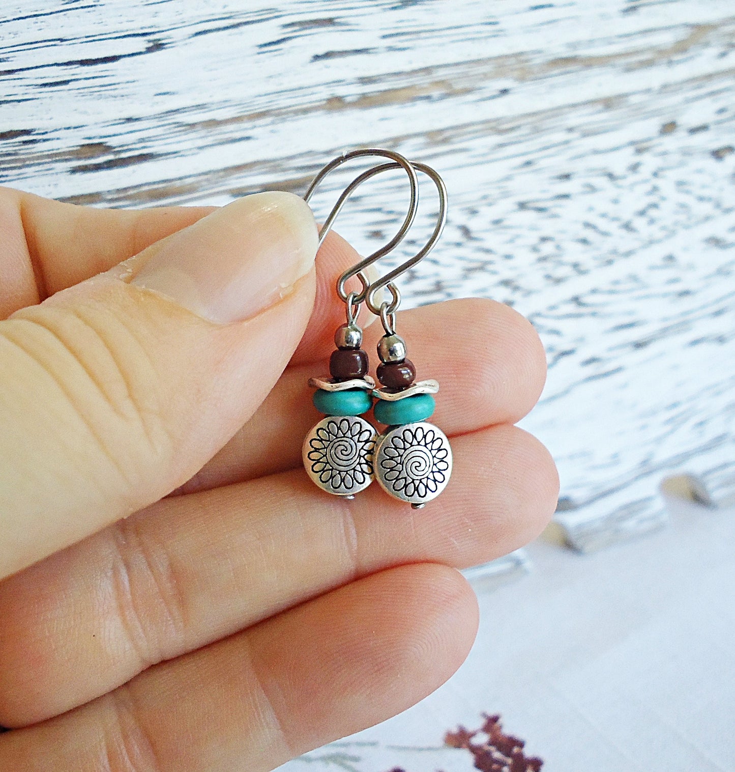 Mini Earrings, Silver, Turquoise, Dark Brown, 3/4" Dangle, Stainless Steel Earwire, Hypoallergenic