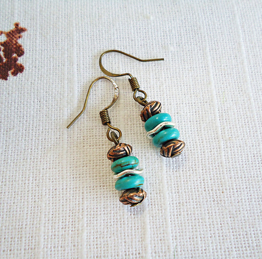 Mini Earrings, Turquoise and Copper, 1/2" Dangle